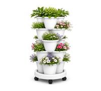 Bamworld Torre de Jardín Vertical 5 Niveles Apilable con Ruedas Bloqueables, Huerto Vertical para Interior y Exterior con Hierbas, Fresas y Verduras, Blanca