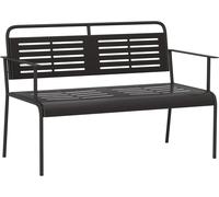 Banca de jardín – 121 cm de ancho – Color negro. Diseño con lamas, con reposabrazos y respaldo, y acabado repelente al agua