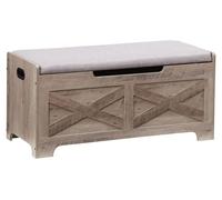 Banco-cofre de madera de 100 cm con espacio de almacenamiento y diseño en forma de "X", color marfil claro, ideal para guardar zapatos
