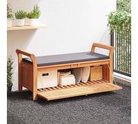 Banco con espacio de almacenamiento. Banco de jardín con caja integrada para cojines. Banco de jardín tipo baúl, fabricado en madera maciza de acacia, con cojines, color gris. Dimensiones: 126 x 50 x