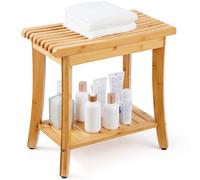 Banco de ducha de bambú VEVOR, 19,1 x 11,3 x 18,3 pulgadas, taburete de ducha impermeable con estante de almacenamiento, capacidad de carga de 330 libras, organizador de asiento de bañera de spa, para