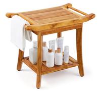 Banco de ducha de teca VEVOR, 22 x 14,4 x 18,5 pulgadas, taburete de ducha de madera resistente al agua con estante de almacenamiento, asa y patas antideslizantes, capacidad de carga máxima de 300 lib