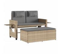 Banco de jardín 2 en 1 Beige Poly Ratán | Respaldo ajustable, Convertible en Cama, Mesas Plegables, 110 kg por asiento