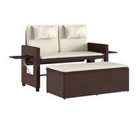 Banco de jardín 2 en 1 con cojines marrón, resina trenzada | Respaldo ajustable, Convertible en Sofá, Mesa auxiliar plegable, resistente a las inclemencias del tiempo
