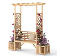 Banco de jardín con arco - Banco de jardín con pérgola - Banco de exterior de madera - Estructura para plantas trepadoras - Banco con maceta - Banco de madera para dos personas