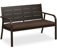Banco de jardín Relaxdays con cojín, diseño de madera, dimensiones: 78 x 118 x 66 cm, para 2 personas, banco de balcón resistente, banco para sentarse, color marrón