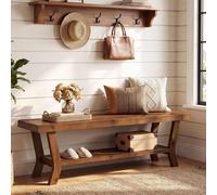 Banco de madera maciza de 140 cm de largo, ideal para recibidores o pasillos, con espacio para guardar zapatos. Banco de estilo rústico para pasillos, dormitorios o recibidores, color marrón