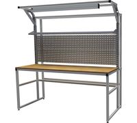 Banco de trabajo workalu® de aluminio con estructura modular, de un lado bedrunka hirth, 1 balda, 2 paredes perforadas, lámpara para puesto de trabajo