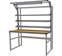 Banco de trabajo workalu® de aluminio con estructura modular, de un lado bedrunka hirth, 3 baldas y lámpara para puesto de trabajo