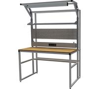Banco de trabajo workalu® de aluminio con estructura modular, de un lado bedrunka hirth, pared perforada, listón eléctrico, lámpara para puesto de trabajo