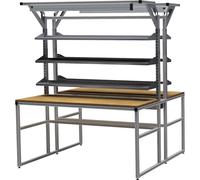 Banco de trabajo workalu® de aluminio con estructura modular, por los dos lados bedrunka hirth, 6 baldas, 1 canaleta para cables, 2 lámparas para puesto de trabajo