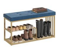 Banco moderno para guardar zapatos HOMCOM con cojín de terciopelo, banco tapizado con almohadillas y estantes de almacenamiento, y estructura de acero dorado para la entrada, el pasillo, el salón, el