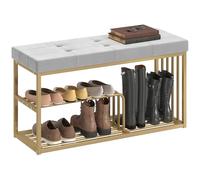 Banco moderno para guardar zapatos HOMCOM con cojín de terciopelo, banco tapizado con almohadillas y estantes de almacenamiento, estructura de acero dorado para la entrada, el pasillo, el salón, el