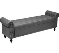 Banco otomano con tapa acolchada y espacio de almacenamiento, banco con reposabrazos curvos y tapizado en cuero sintético, con patas de madera maciza. Banco moderno para zapatos, ideal para la entrada