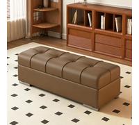 Banco otomano tapizado con almacenamiento y tapa abatible, pie de cama | Banco zapatero largo para entrada, reposapiés de acero inoxidable con acabado efecto espejo(Amber Brown,90cm/35.4in)