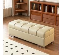 Banco otomano tapizado con almacenamiento y tapa abatible, pie de cama | Banco zapatero largo para entrada, reposapiés de acero inoxidable con acabado efecto espejo(Almond,90cm/35.4in)