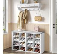Banco para zapatos con cojín y perchero de pared con 9 ganchos, juego de muebles para recibidor en blanco y gris, 30x105x59 cm