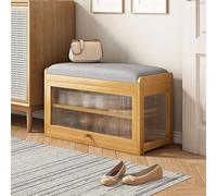 Banco zapatero de bambú con cojín de piel sintética, puertas abatibles, almacenamiento de 2 niveles, tapizado, para entrada, pasillo, puerta delantera, muebles de madera de 27 x 12 x 18 pulgadas