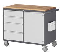 Bancos de trabajo compactos, rodantes RAU, 4 cajones, 1 puerta, tablero de trabajo de madera