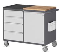 Bancos de trabajo compactos, rodantes RAU, 4 cajones, 1 puerta, tablero de trabajo de madera / metal