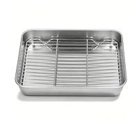 Bandeja de Horno de Acero Inoxidable, Bandeja Cuadrada Grande con Rejilla de Enfriamiento para Asar Pollo, Ternera y Verduras, 23.5x17.5x5 cm, Ideal para Pizza y Galletas