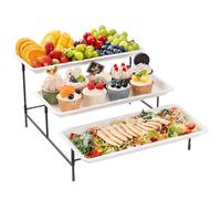 Bandeja de Servicio de plástico de 3 Niveles Lifewit para Fiestas, Platos de exhibición de Alimentos de 36×17cm, bandejas Reutilizables con Soporte de Metal Plegable y Estable para Alimentos, Negro.