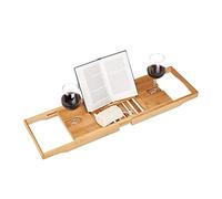 Bandeja extensible de bambú para bañera Relaxdays de 70 a 105 cm, soporte para libros con estante de cristal, color natural.