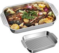 Bandeja para asar con asas y base estriada – Acero inoxidable, rectangular, bandeja para hornear pescado, molde para lasaña, molde para pasteles, bandeja para galletas, plato para servir carne de pavo