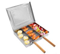 Bandeja rectangular de acero inoxidable para parrilla, 25,5 x 30,5 cm, con mango de madera cómodo para barbacoa de jardín y camping, color plateado (B)