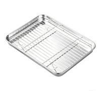Bandeja rectangular de malla inoxidable de 26 x 20 cm, bandeja rectangular | Tamaño de 31 x 24 cm, rejilla de malla integrada, filtra la grasa de manera eficaz, ideal para asar y hornear saludables