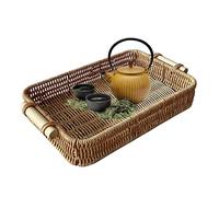 Bandeja rectangular de ratán - Bandeja de mimbre natural, cesta rectangular de ratán | Bandeja de ratán tejida rústica, bandejas decorativas de ratán, bandeja hecha a mano para comedor, encimera, té