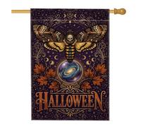 Bandera de casa con cita de Halloween de calavera mística de 28 x 40 | Diseño de polilla de calavera, bandera de patio, galaxia de bola de cristal, hojas de arce otoñales, decoración del hogar de