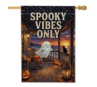 Bandera de Halloween con cita de porche fantasma de 28 x 40 pulgadas | Escena de porche al atardecer, bandera de césped, linternas Jack-o'-linternas, gato, patrón de murciélagos voladores