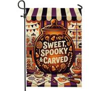 Bandera de jardín con cita de calabazas de Halloween, 30,5 x 45,7 cm | Escena de tienda de dulces, bandera de patio, toldo a rayas, banderines, ambiente otoñal, decoración de porche de temporada