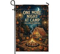 Bandera de jardín con cita de camping de Halloween de 12 x 18 pulgadas | Paisaje del bosque, bandera de patio, Jack-o'-lanterns, tienda de campaña, estética rústica, hojas de otoño