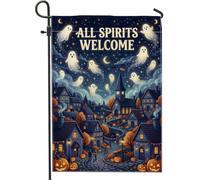 Bandera de jardín con cita de fantasmas de fantasmas de Halloween de 30,5 x | Ilustraciones de fantasmas flotantes, bandera de césped, linternas brillantes, arquitectura pintoresca de pueblo