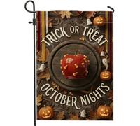 Bandera de jardín de Halloween Candy Fruits Trick Or Treats 12 x 18 | Diseño de frutas de caramelo, bandera de césped, Jack-o'-lanterns, detalles fantasmas, hojas de otoño