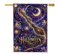 Bandera mágica para casa de Halloween con escoba de 28 x 40 pulgadas | Arte de vidrieras, bandera de césped, tema celestial, cristales dorados, luna creciente, decoración mística