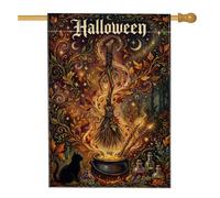 Bandera mágica para casa de Halloween, escoba y caldero, 71 x 101 cm | Tema de brujería, bandera de patio, caldero burbujeante, silueta de gato, hojas de otoño, ambiente mágico del bosque