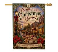 Bandera vintage del sur de Navidad, mercado, ciudad, farola, casa, 71 x 101 | Flores de pascua, bandera de césped, galleta de jengibre, paisaje urbano de invierno, borde adornado