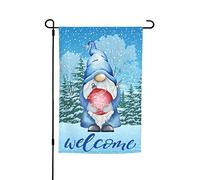 Banderas de jardín Lovely Gnome Wearing Blue Hat Premium Yard Flag Forest Green Trees Winter Snow Painting Holiday Party Flag Outdoor Farmhouse Decor Home Porche Flags 12 x 18 pulgadas