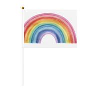 Banderas de mano de arco arcoíris de acuarela suave | Paquete de 10 mini banderas en palo para fiestas, actividades de equipo, desfiles, decoración navideña