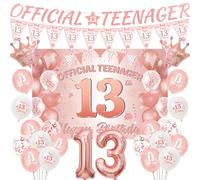Banderines decorativos para niñas de 13 cumpleaños, 27 unidades, oro rosa, feliz, oficial, para adolescentes, fondos de pantalla, banderines, 13 globos de papel de aluminio, corona de globos para
