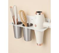 BANJEKT Soporte de pared para herramientas de pelo con 3 vasos de acero inoxidable - Almacenamiento para secador de pelo, rizador, plancha y cepillo - Soporte para calentador debajo del fregadero