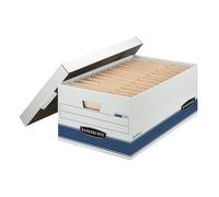 Bankers Box 4 Pack STOR/File Medium-Duty File Storage Boxes, FastFold, String and Button, Legal, White/Blue