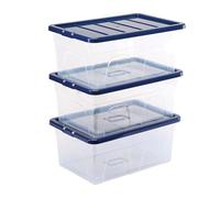 Bankers Box Cajas de almacenamiento de plástico de 38 litros, pack de 3, tapas sin BPA 100% recicladas, apilables y encajables, con tapa, 25x38x56cm, ideal para la organización del hogar y la oficina