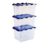 Bankers Box Cajas de almacenamiento de plástico de 55 litros, Pack de 3, polipropileno sin BPA, tapas 100% recicladas, apilables, tapa con dos aberturas, 35x43x59 cm, para el hogar y la oficina