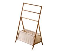 Baoblaze Perchero Plegable de Bambú con Estructura en a Inclinada Mueble Organizador con 3 Barras para Colgar Cesta Textil Oxford Plegado Plano Ahorra Espacio Adecuado para Dormitorio Sala Recibidor