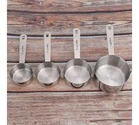 BAOFUYA Juego de Tazas Medidoras de Acero Inoxidable, Cucharas Medidoras con Acabado Cepillado, 4 Piezas con Escamas Grabadas Transparentes, Boquilla Inclinada, Anillo Extraíble para Cocineros