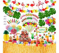 BARAKYEG 142 Pcs Luau Falda Set de Decoración, de 9.6FT Hojas de Palma Flores Hawaianas adorno de pastel y pajitas,Decoraciones de Mesa de Fiesta Tiki de Verano